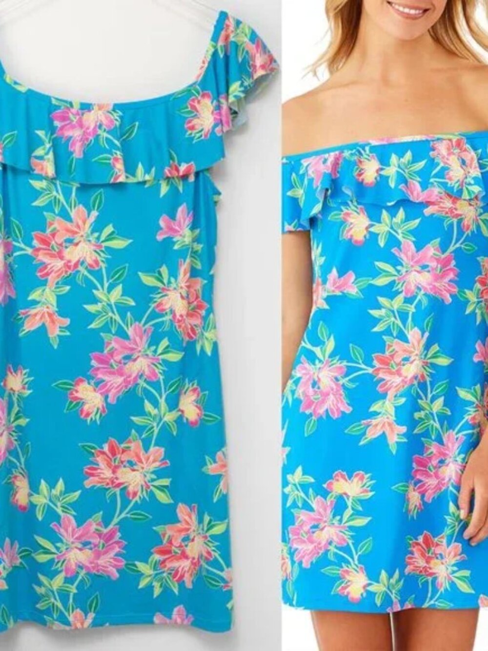 Tommy Bahama Blue Pink Tropical Floral Off The Shoulder Beach Dress - Picture 3 of 7